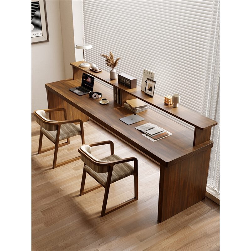 New Chinese-Style Solid Wood Double Desk with Storage Shelves, Home Office Desk, Study Room Long Table, Study Desk and Chair Set