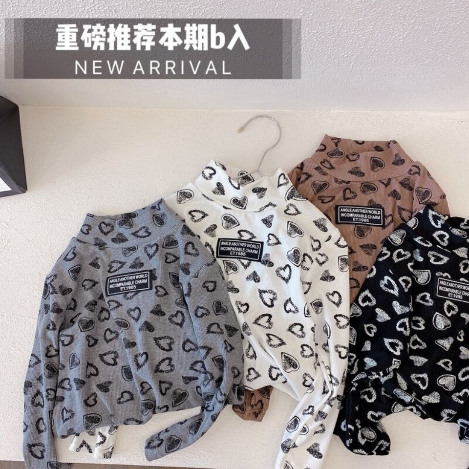 Cross-border 2026 Autumn Children's Clothing Korean Style Girls' Base Layer Top with All-over Heart Watermark and High Neck~~ Satisfying Different Needs