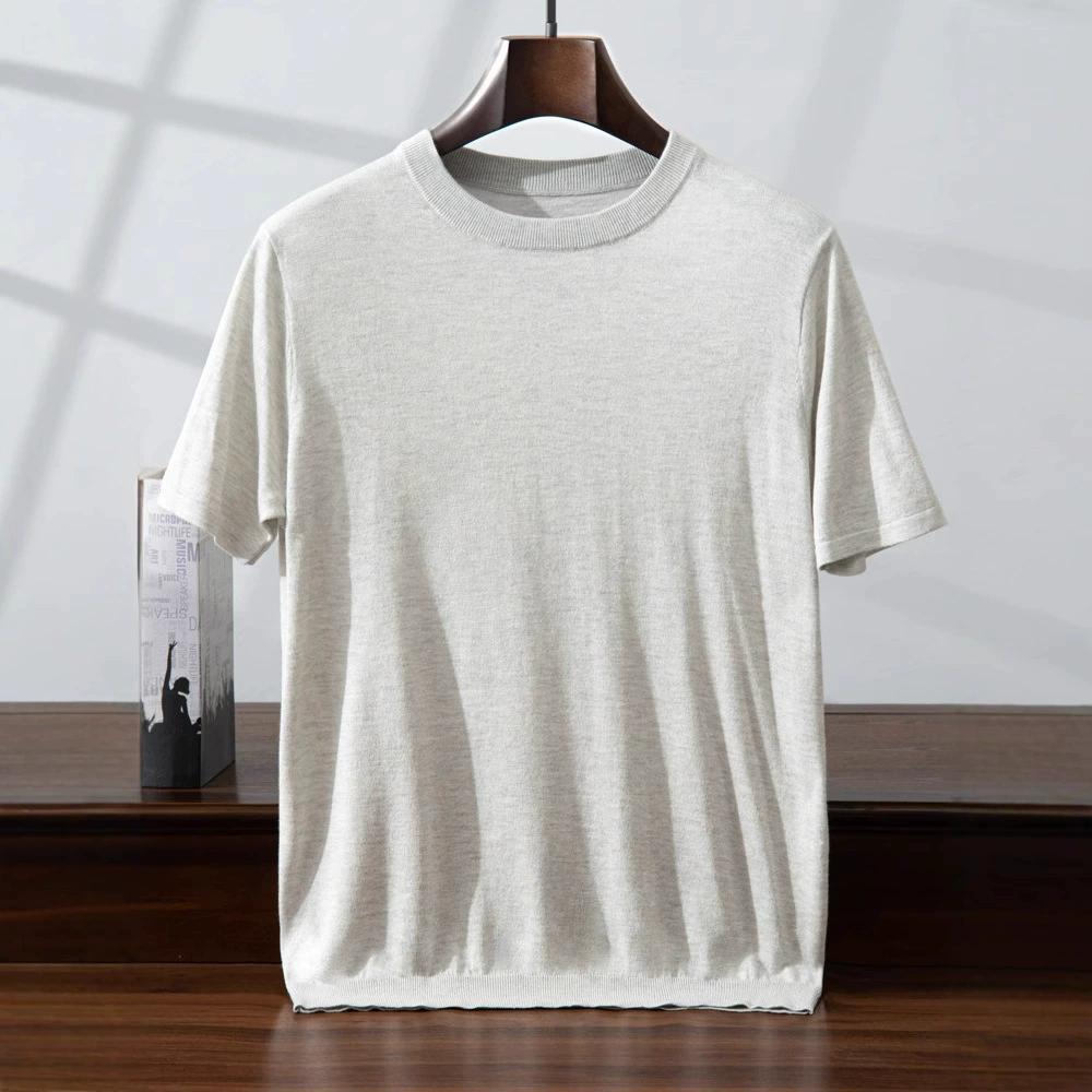 Летний новый 85% шелковицы шелковицы 15% кашемир имитация вязания с короткими рукавами мужские круглым вырезом тонкая футболка оптом