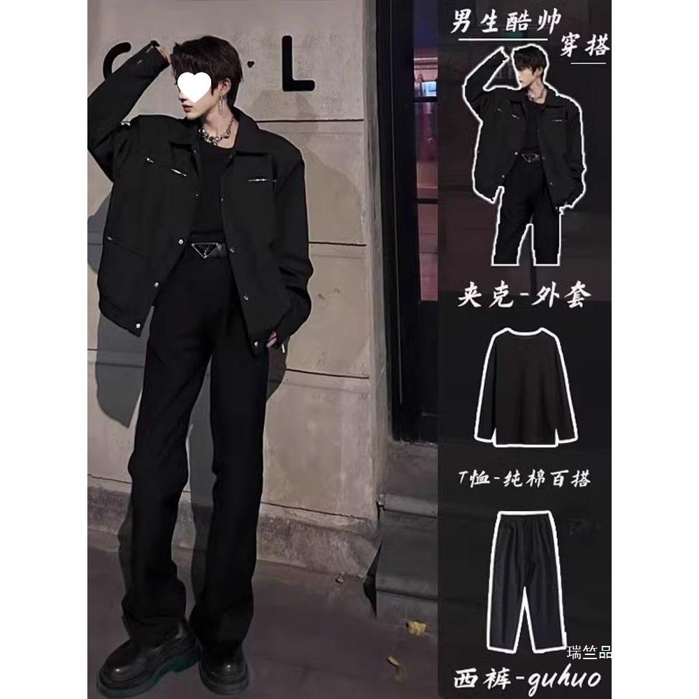 남성용 모델 착용 세트 짧은 어깨 패드 재킷 하이 엔드 느낌의 새로운 스타일 핸섬 작업 재킷 소년 멋진 핸섬 착용 3 피스 세트