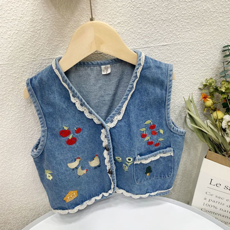 女の子デニムベスト刺繍入り2025年秋冬女の子用多用途ベストベビースタイルベストジャケットトレンディ|undefined