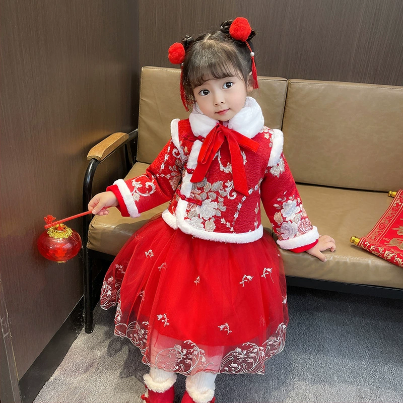 Детская Новогодняя праздничная одежда Зимнее платье Hanfu Tang на флисовой подкладке Платье Одежда для детского сада