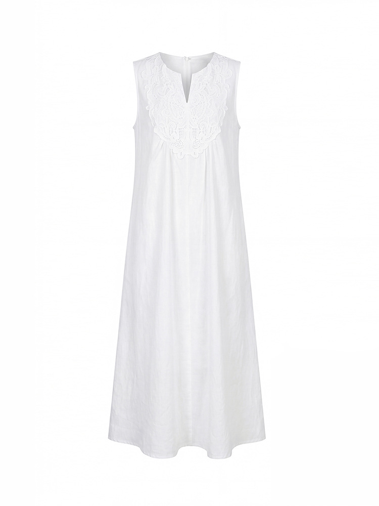 Đầm maxi nữ dáng suông không tay chất liệu tencel phối ren jacquard thêu họa tiết — màu trắng