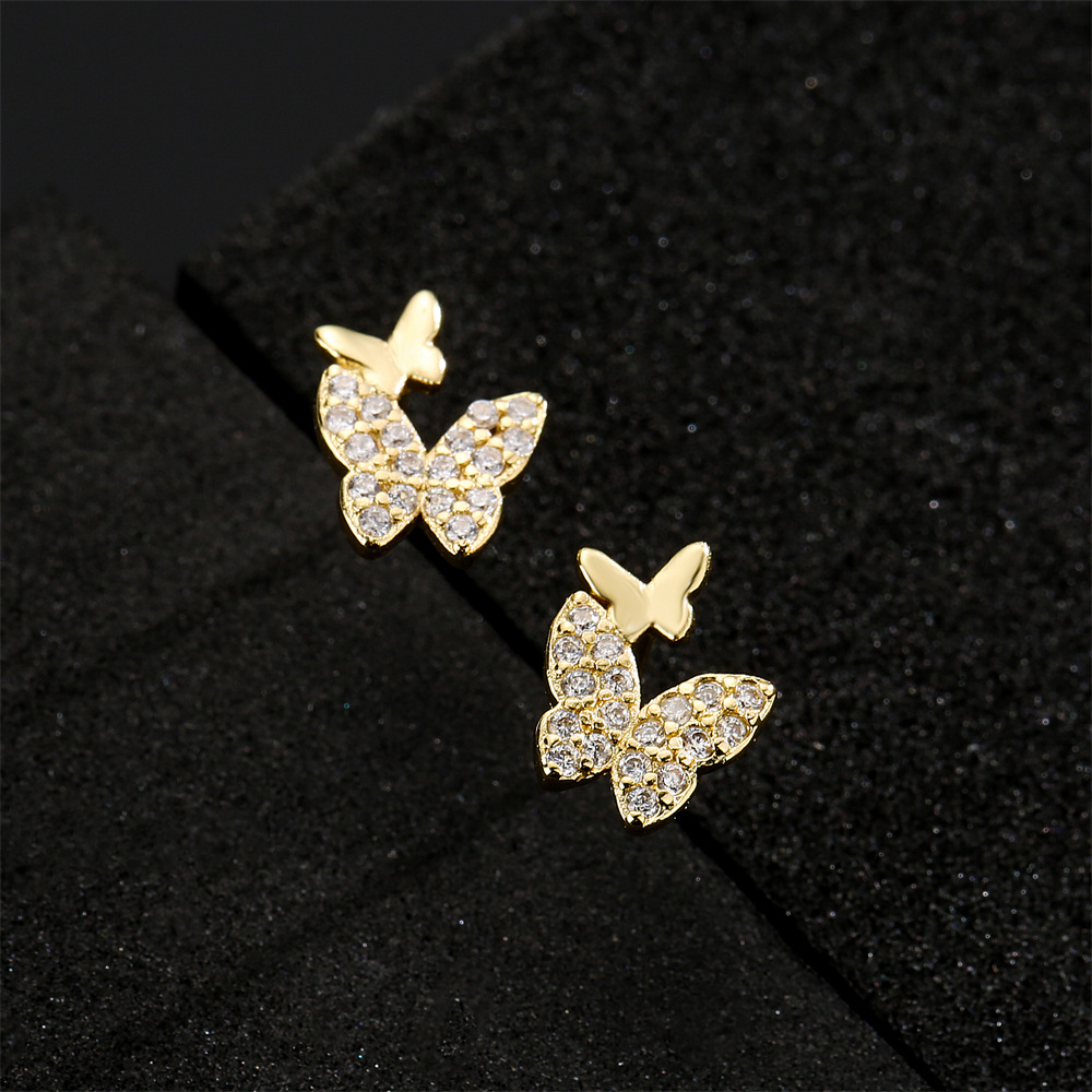 fashion double butterfly earrings copper plated 18K gold zircon earrings