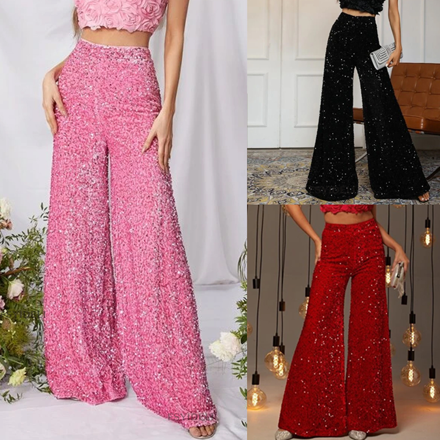 Women's Party Street Fashion Solid Color Full Length Sequins Wide Leg Pants display picture 1