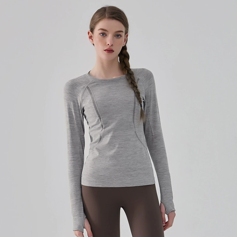 Demi-season fitted sports yoga clothing, long-sleeve for training for gym, round collar, for running