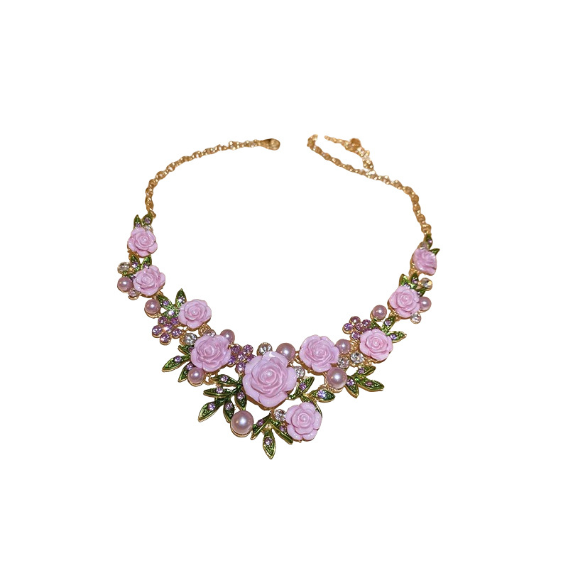 Conjunto de collar de perlas de diamantes de flores y hojas Moda estilo pastoral temperamento cadena de clavícula dulce collar de todo fósforo al por mayor