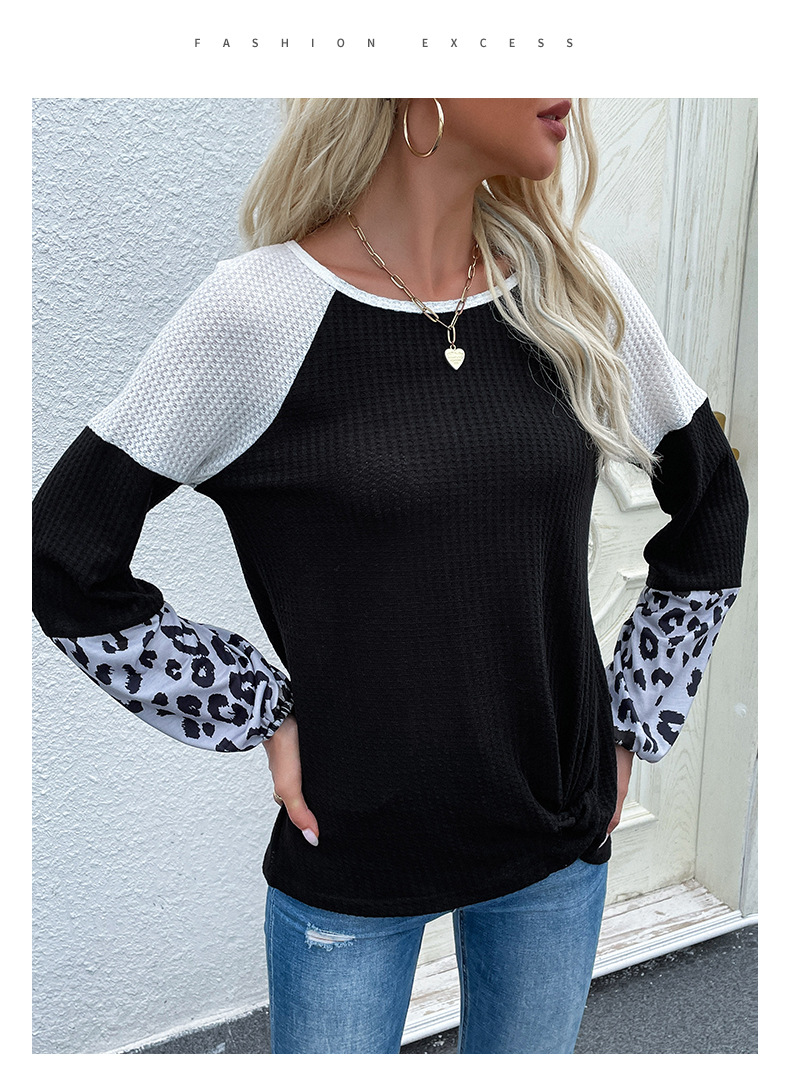 Maglione a maniche lunghe con stampa leopardata a contrasto di colore_voghion.com