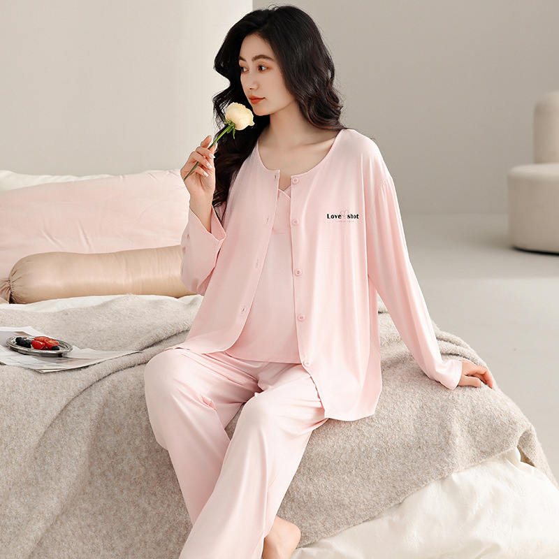 モーダルカーディガン レディース パジャマ マタニティ サスペンダー 長袖ズボン 春夏 3点セット 授乳ベルト 胸パッド付き 産後服