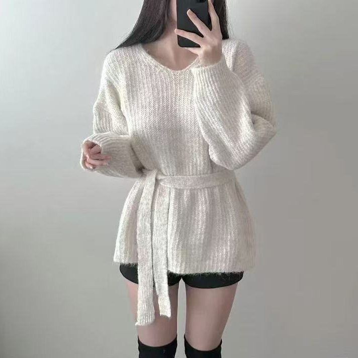 秋冬新款v领慵懒风宽松中长款套头毛衣女收腰绑带气质针织衫上衣|undefined