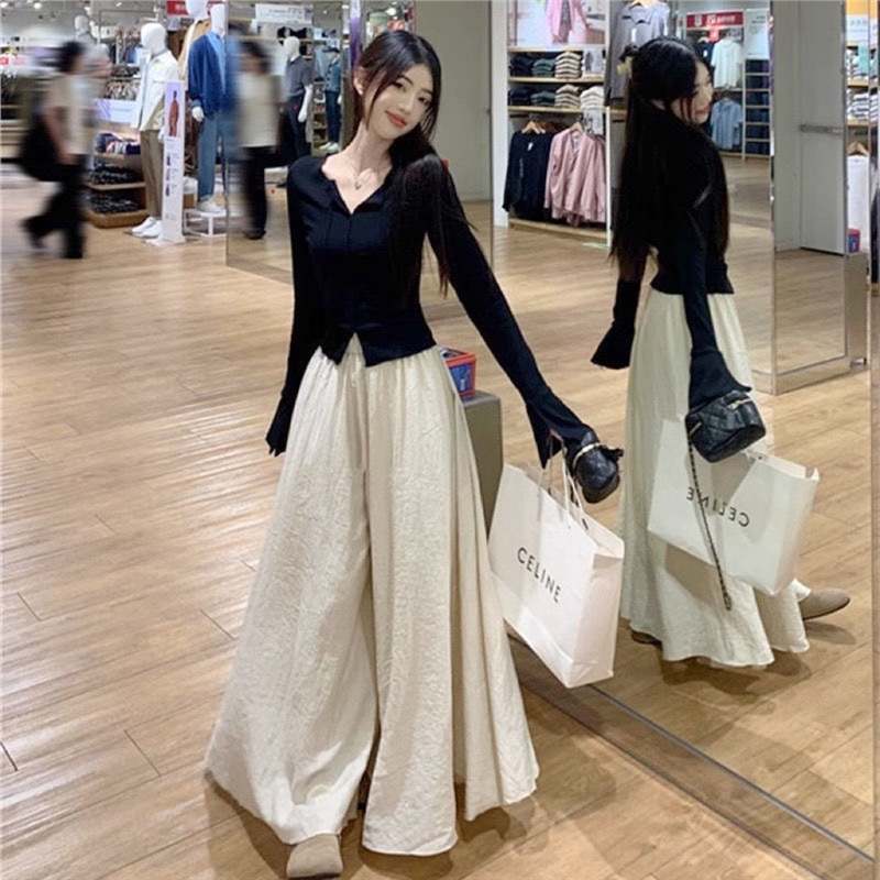 秋季新款女装套装休闲时尚v领喇叭袖上衣阔腿裤裙今年流行两件套|undefined