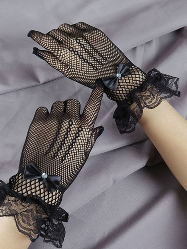 Thin mesh gloves for women, hollow sexy sexy black lace wedding gloves, hot diamond bow gloves