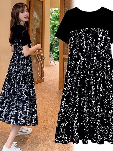Women's Summer Two-Piece Dress, Korean Style Fashion Loose and Slimming Splicing Medium-Length Short-Sleeve Floral Small Black Dress
