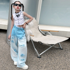 女童重工牛仔褲夏款2024新款兒童時髦漸變色女大童薄款破洞闊腿褲