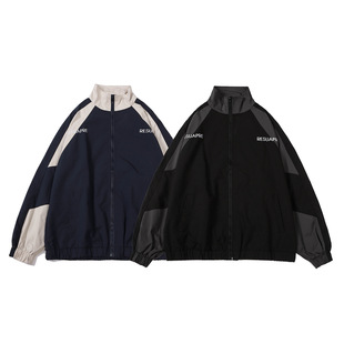 2024 Autumn and Winter Retro Contrasting Color Stitching Stand Collar Jacket Men's Trendy Brand Loose College Style Couple Casual Jacket