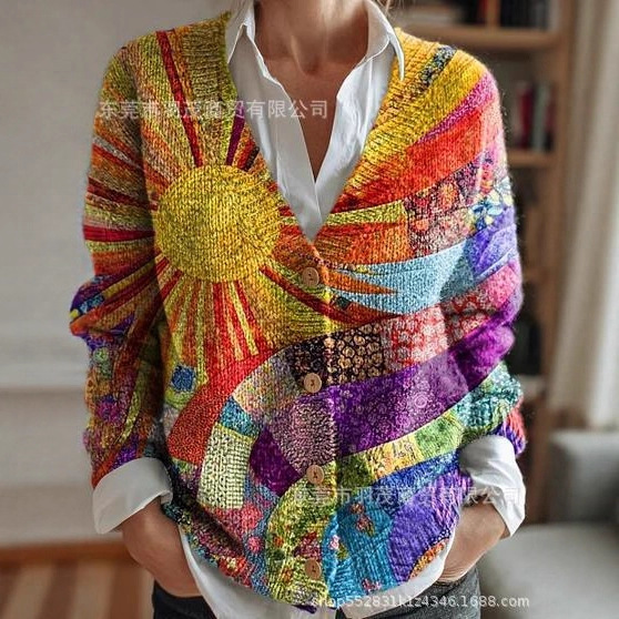 Cross-Border New Style Floral 3D Digital Printing Autumn and Winter Large V Neck Cardigan Short Long-Sleeved Sweatshirt European and American Clothing