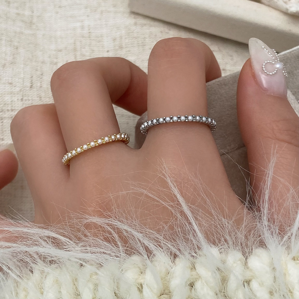 Vintage Pearl Thin Ring Opening Ring Women's Niche Design Fashion Ring Simple All-match Elegant High-grade Finger Ring