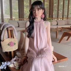 「春のロマンス」ホリデーデート雰囲気の妖精のようなロングドレス女性用2025春夏新作ホルターネックドレス