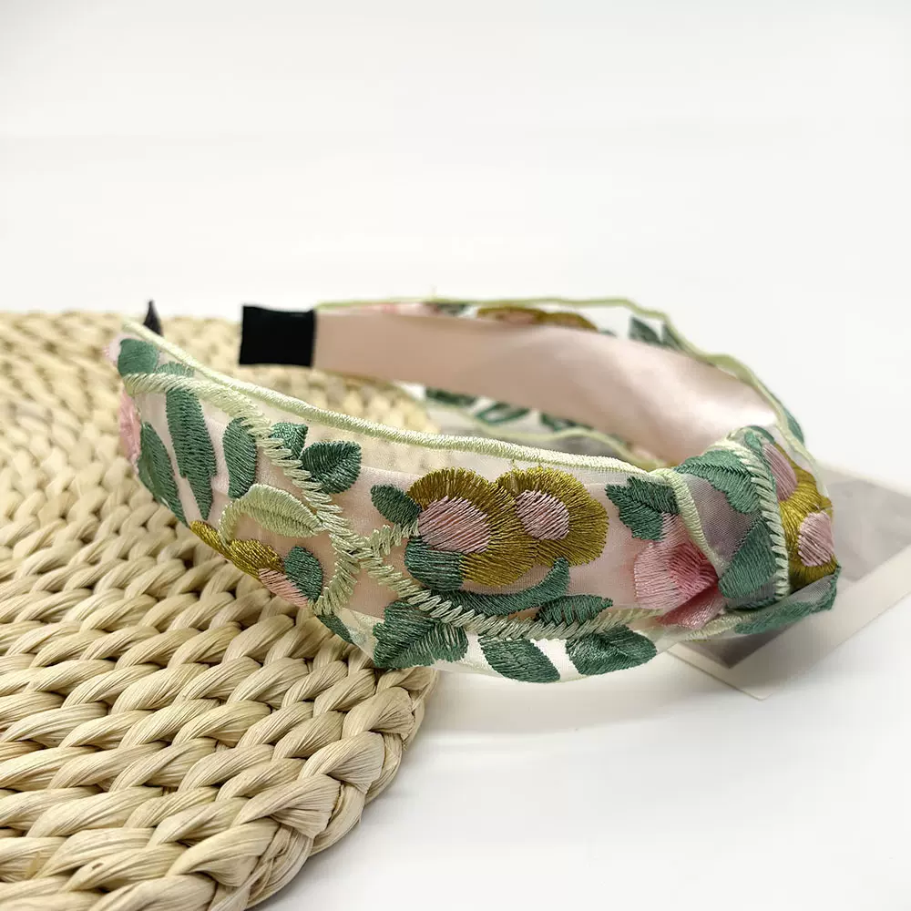 跨境欧美刺绣花朵发箍女高级感民族风碎花棉麻布艺宽边高颅顶头箍
