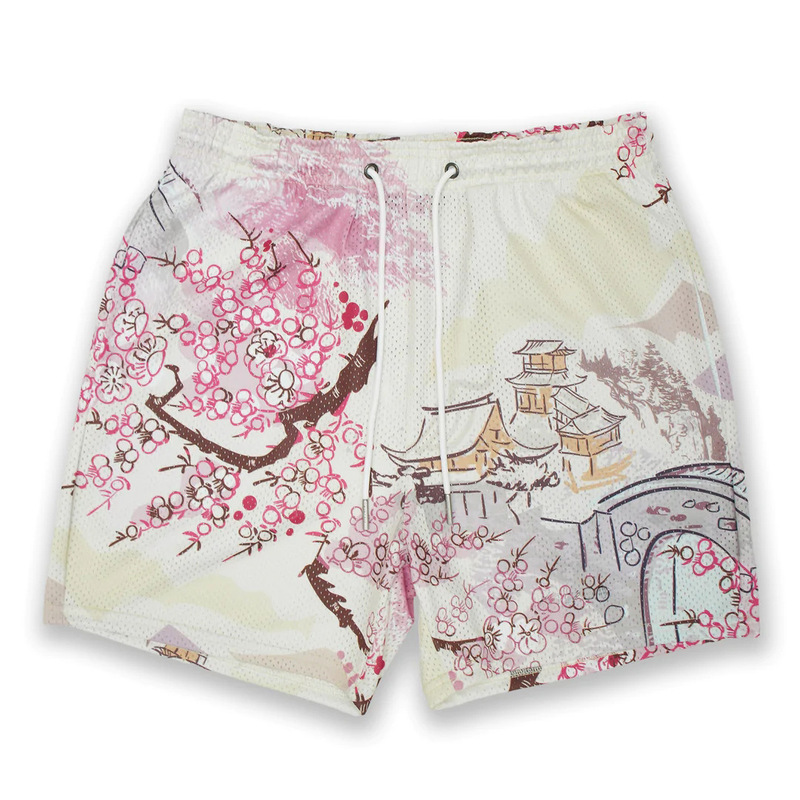 Summer New Men's Muscle Fitness Mesh Breathable Loose Shorts Cherry Blossom Pattern Digital Printing Cross-border Supply