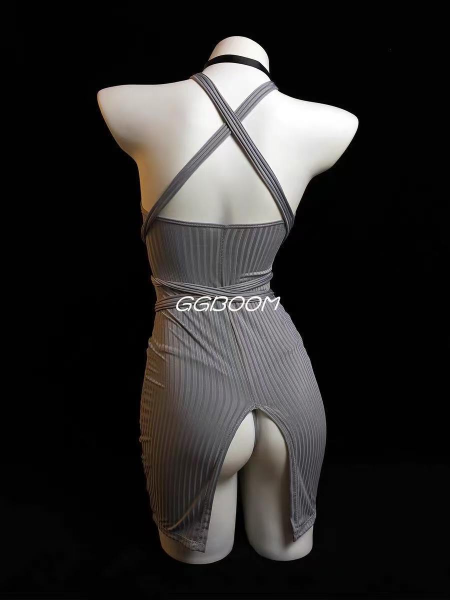 Sleeveless Halter Neck Maid Bodycon Dress, White Polyester Secretary Roleplay Lingerie — detail image 6