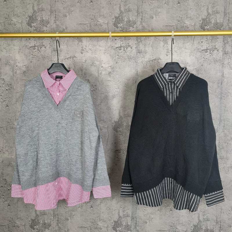 南油高货25FW秋冬新品学院风徽标刺绣绣花假两件毛衣拼接纽扣衬衫|undefined
