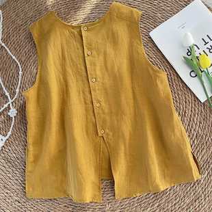 Retro Round Neck Cotton and Linen Shirt for Women 2025 Summer New Style Loose Thin Vest Cotton and Linen Sleeveless Top