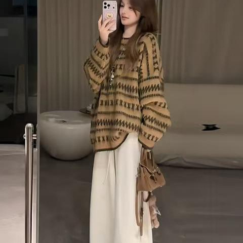 慵懒风条纹撞色长袖毛茸茸毛衣女秋冬新款宽松提花外穿针织衫上衣