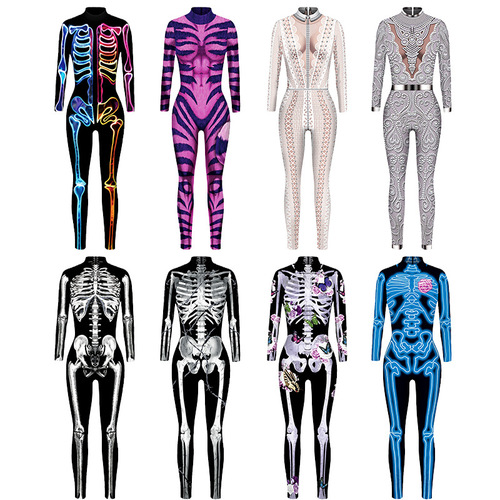Cross-border skeleton 3D digital printing Halloween cosplay costume women's tight long-sleeved jumpsuit