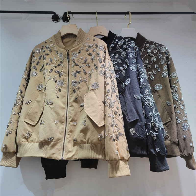 2025 Autumn/Winter New Heavy Beaded Floral Stand Collar Baseball Jacket for Women, Loose Casual Versatile Jacket Top