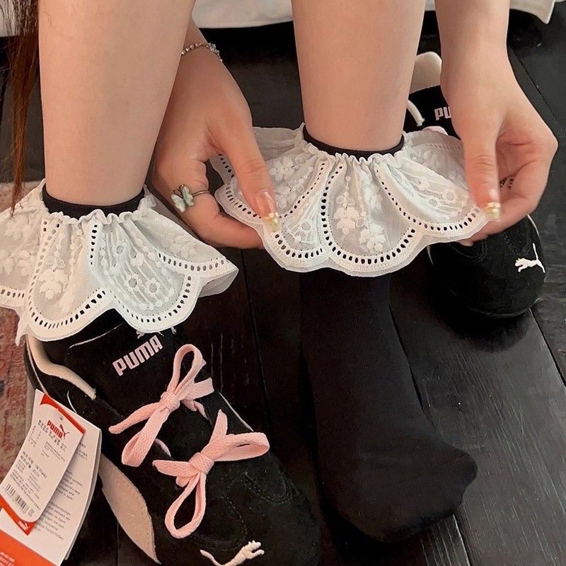 白色花边袜子女中筒袜夏款棉袜芭蕾风配德训鞋ins堆堆袜韩系短袜|undefined