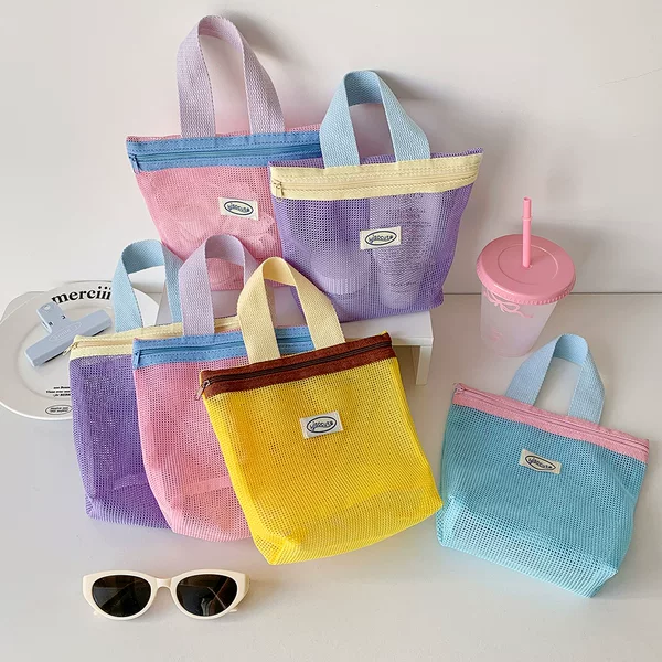 Dopamine Summer Mesh Tote Bag small size Cosmetic Bag Handbag Foldable Portable Wash Bag Beach Bag for Women
