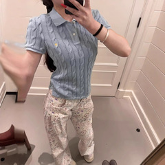 RL ラフポニーロゴラペル夏刺繍小ツイストセーターポロ半袖コットン Tシャツトップ女性用