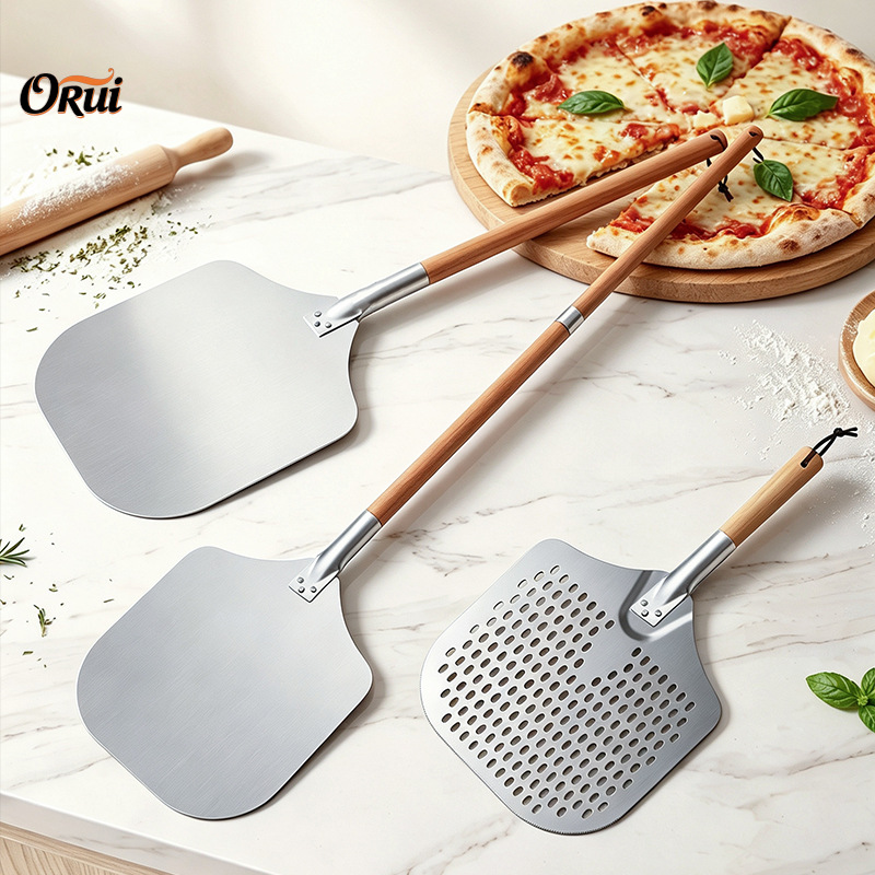 Pala de pizza de stock del fabricante, pala de aluminio, pala de pastel, mango de madera desmontable, fuga 12/14/16 pulgadas, transferencia de horneado, pala de pizza image 6