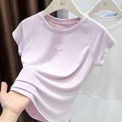 超手感莫代尔棉~夏季新款立体花朵纯欲甜美褶皱短袖t恤女打底上衣