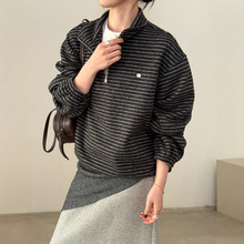 EMONI复古风条纹立领加厚毛呢卫衣女长袖2025冬保暖套头上衣14391