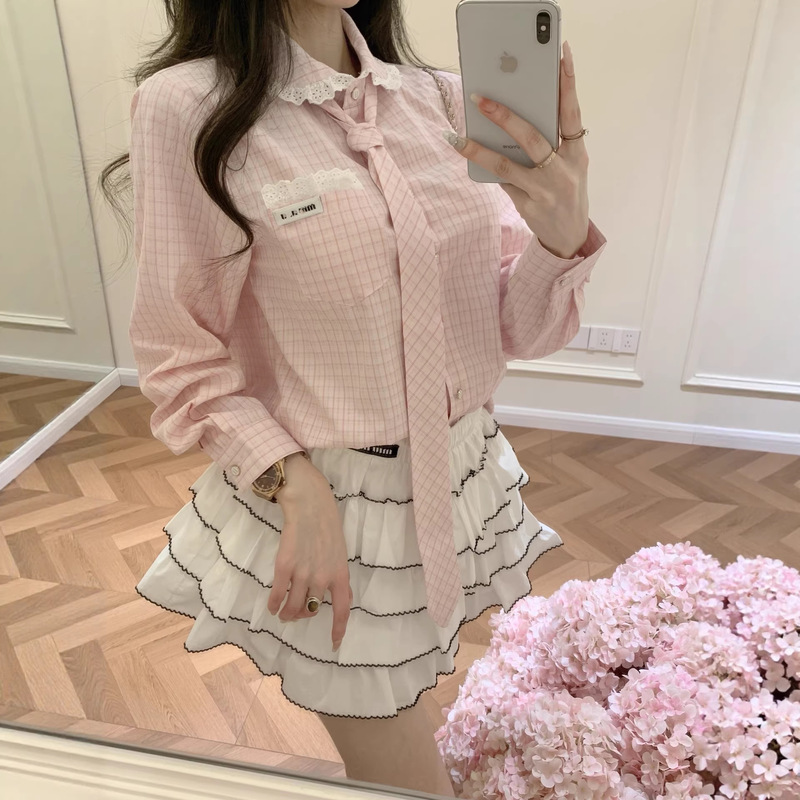 High-quality MU series doll collar plaid shirt, sweet college style, contrasting color lace, elegant long-sleeved top with tie 26 High-quality MU series doll collar plaid shirt, sweet college style, contrasting color lace, elegant long-sleeved top with tie 26