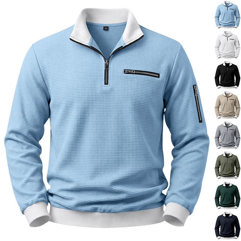 Amazon cross-border European size men's zip-up waffle knit casual sports polo shirt sweatshirt wholesale Amazon cross-border European size men's zip-up waffle knit casual sports polo shirt sweatshirt wholesale