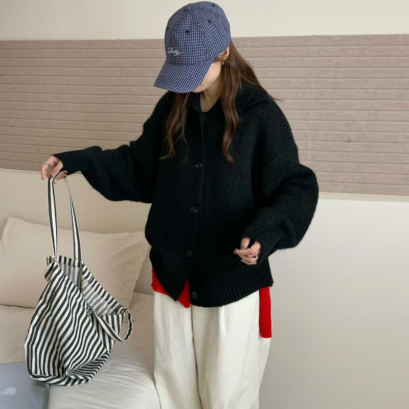韩版简约纯色立领单排扣针织衫女2025秋冬新款百搭慵懒风毛衣外套|undefined