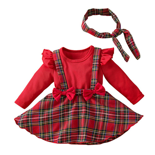 Newborn Baby Christmas Clothes, Infant Bodysuit with Padded Bottom, Long Sleeve Two-Piece with Bowknot, Plaid Dress