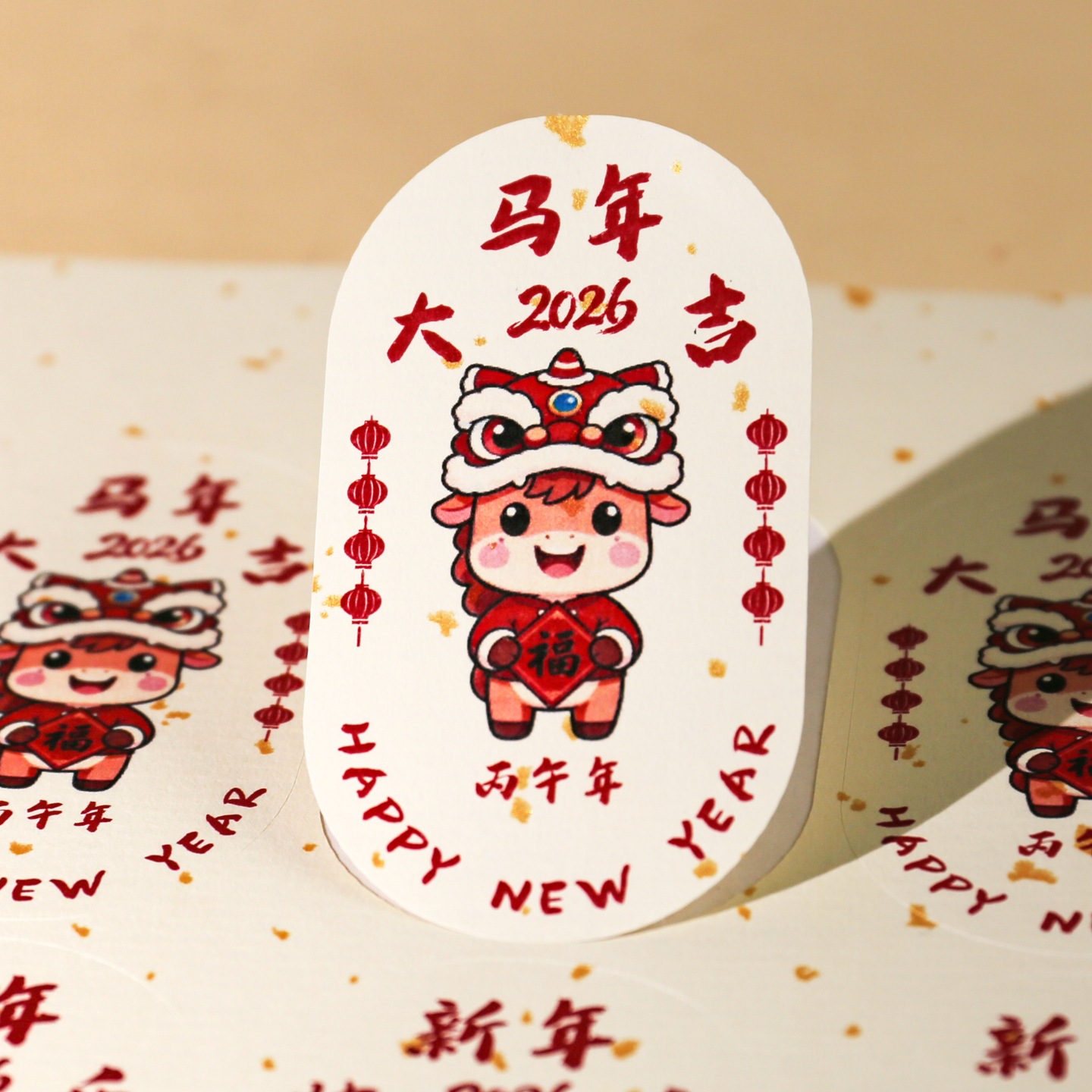 新年2026春节马年不干胶马年大吉祝福语标签元旦礼盒包装盒封贴纸