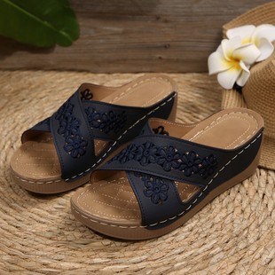 2025 Foreign Trade Thick-Soled Cut Out Cross Slippers for Women Cross-Border Wedge Heel Embroidered Beach Fish Mouth Side Hollow Open-Toe Sandals