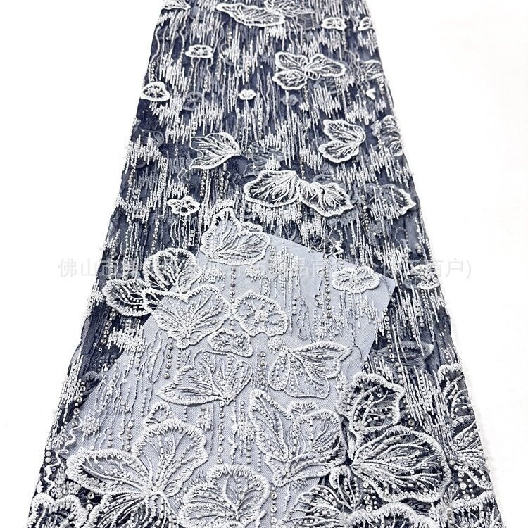 Fabricante nuevo fondo plano tubo de perlas bordado tela brillante vestido de boda vestido de cena tela de moda
