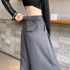 灰色高腰西装裤女秋季2025新款松紧高级感垂感直筒拖地休闲阔腿裤
