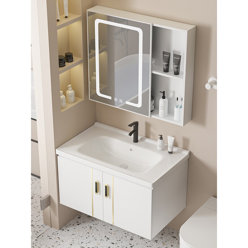 Wall-Mounted Bathroom Sink Cabinet Set, Ceramic Integrated Space Aluminum Washbasin, Small Household Washstand