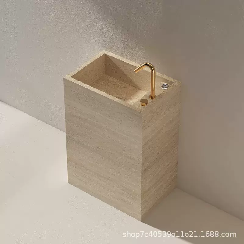洞石岩板立柱洗手盆一体落地式洗脸盆户外庭院别墅洗漱台池定制