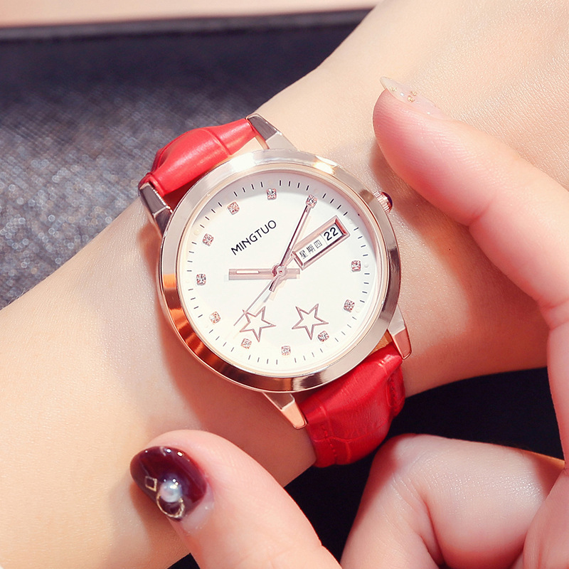 T0303 sabuk jam tangan permukaan putih merah + kotak arloji nama
