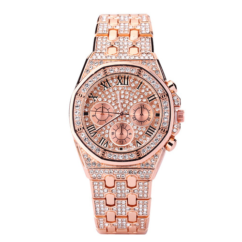 Cross-border foreign trade Gypsophila steel band with diamonds men's watch full of diamonds three eyes Roman numerals quartz watch