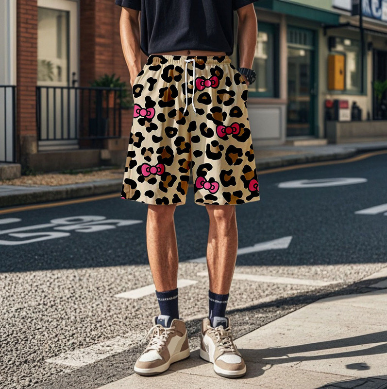 Leopard print bow kt cat print shorts pyjamas can be worn outside 2025 summer new home five-point casual pants