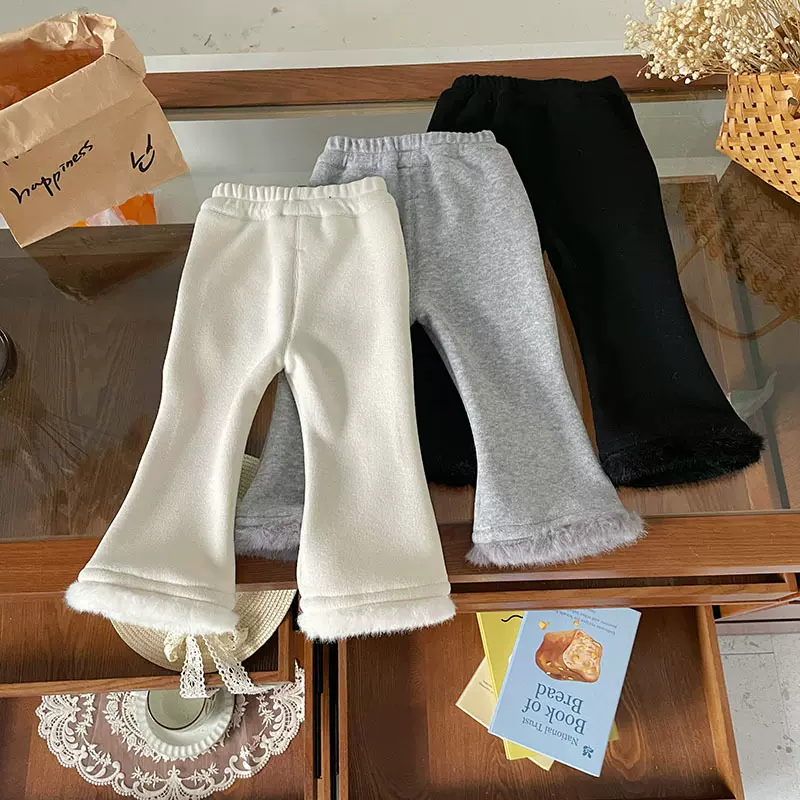 女童加绒童裤2025秋冬新款韩版加绒毛绒微喇宝宝保暖长裤